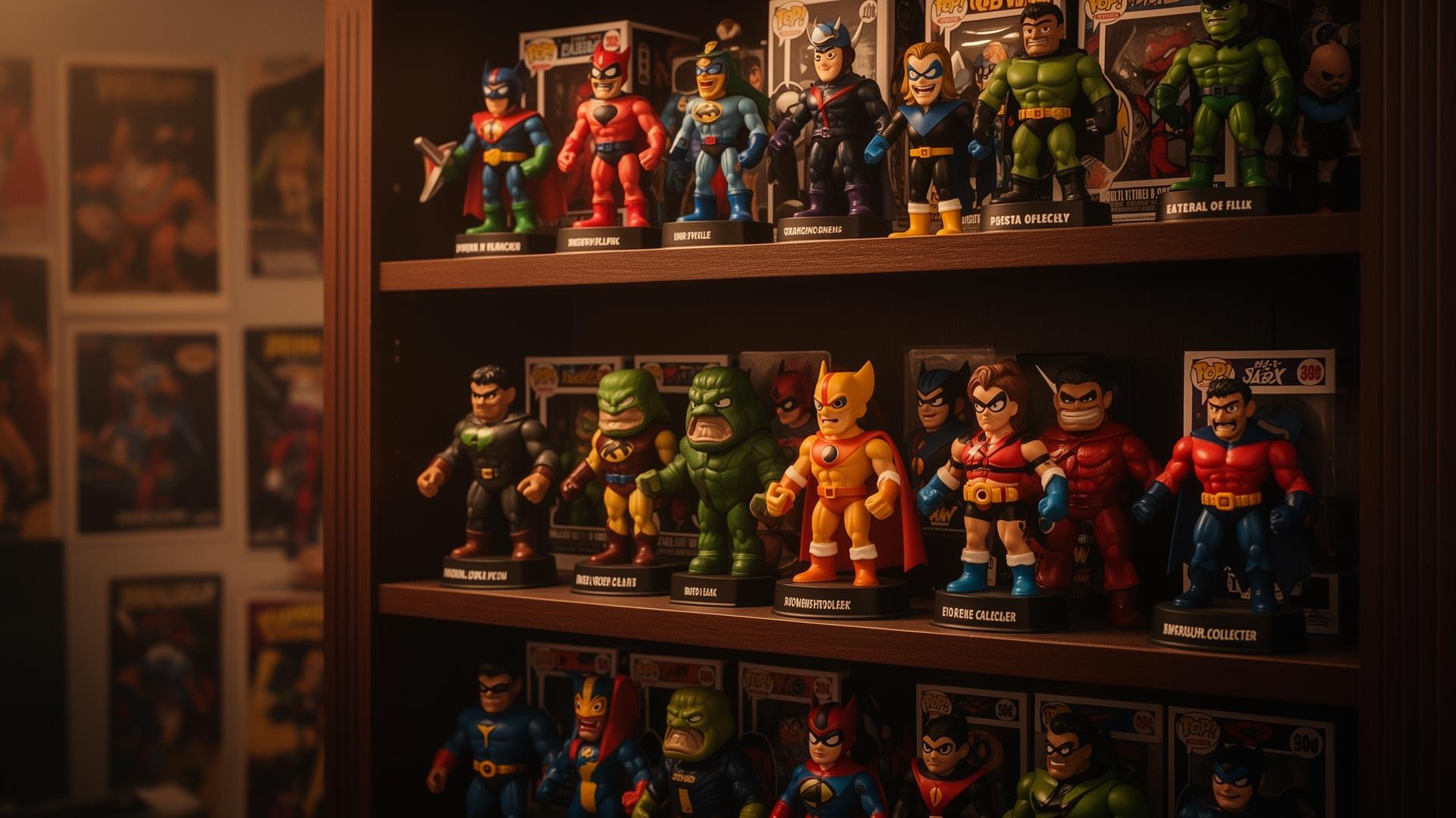 Estante de colecionador com action figures dos anos 80 e 90